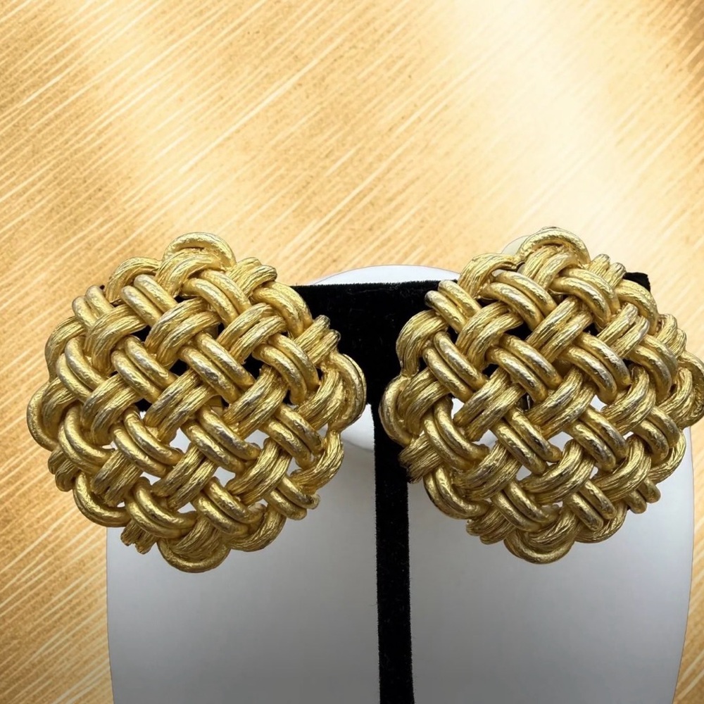 Vintage Orena Paris Signed Gold Woven Statement Clip-On Earrings